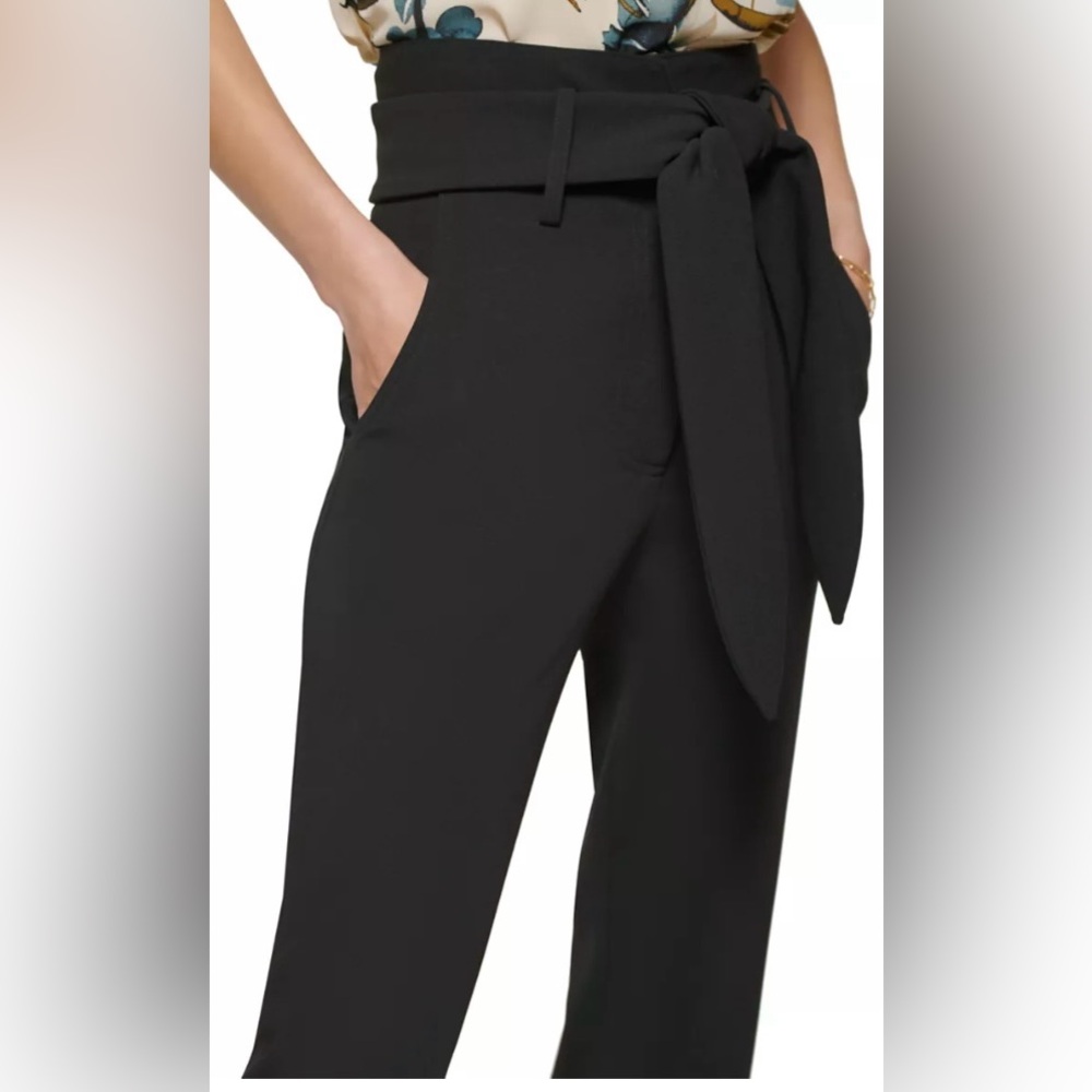 DKNY Black High Waisted Tie Waist Pants Size 12 Paperbag Ankle Work Chic NWOT - Picture 4 of 10